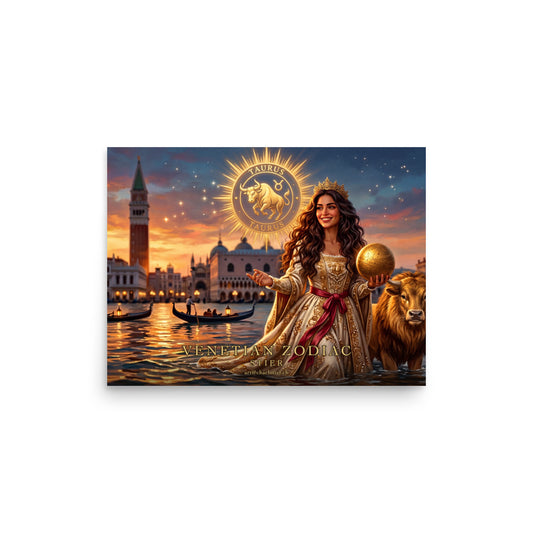 Sternzeichen Stier Poster Querformat – venezianische Göttin mit goldenem Stier im Venedig-Panorama