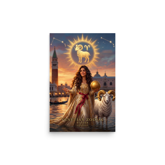 Sternzeichen Widder Poster – venezianische Göttin mit weißem Widder in der Lagune von Venedig, Venetian Zodiac