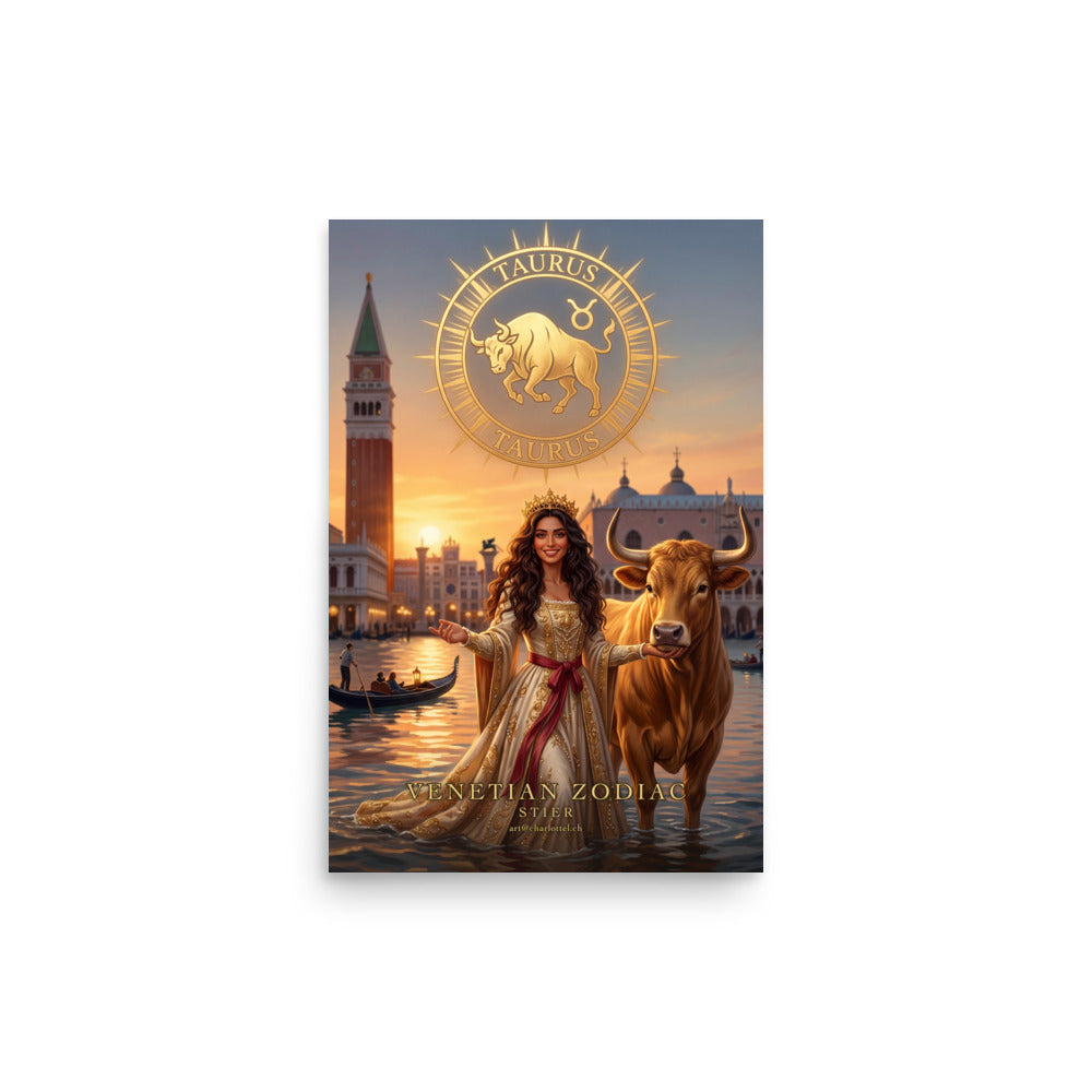 Sternzeichen Stier Poster – venezianische Göttin mit goldenem Stier in der Lagune von Venedig, Venetian Zodiac