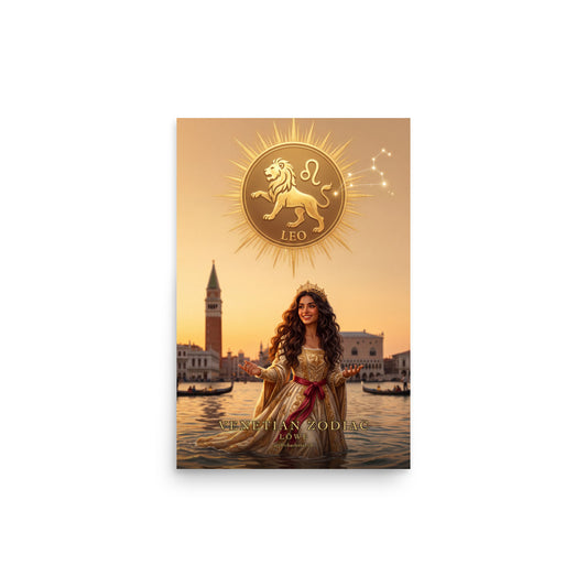 Sternzeichen Löwe Poster – venezianische Göttin mit goldenem Löwen-Emblem in Venedig, Venetian Zodiac