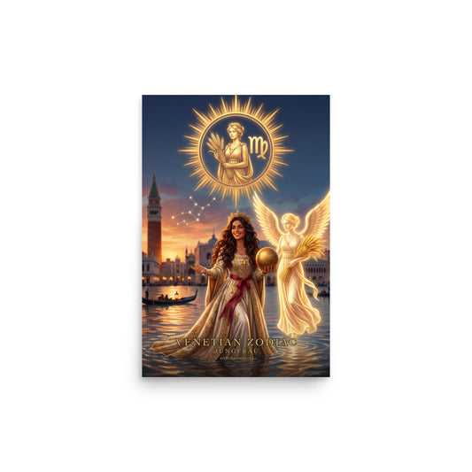 Sternzeichen Jungfrau Poster – venezianische Göttin mit lichtem Engel in der Lagune von Venedig, Venetian Zodiac