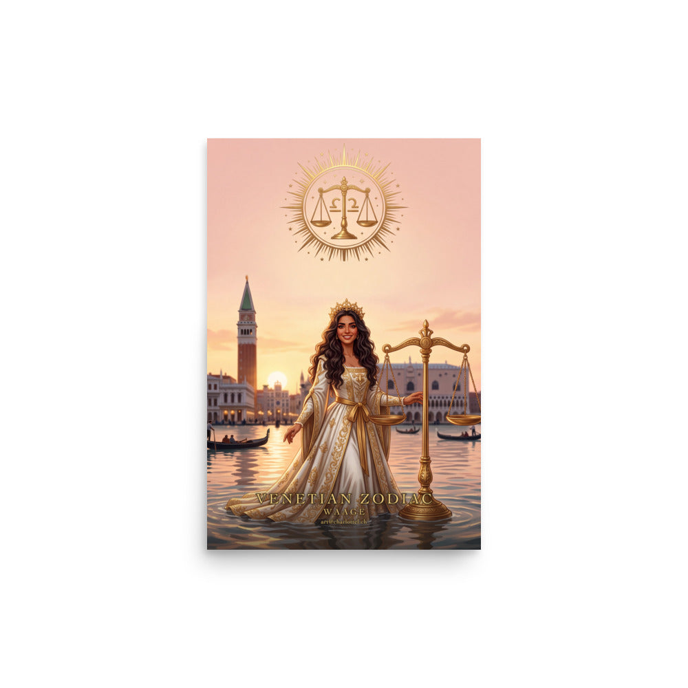 Sternzeichen Waage Poster – venezianische Göttin mit goldener Waage in der Lagune von Venedig, Venetian Zodiac