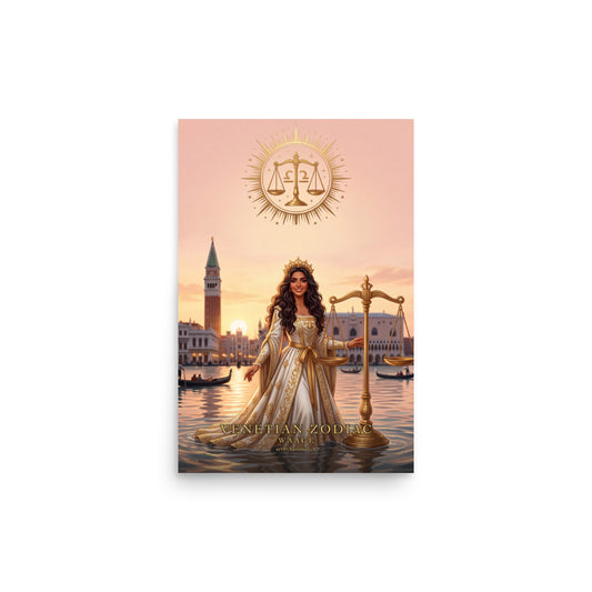 Sternzeichen Waage Poster – venezianische Göttin mit goldener Waage in der Lagune von Venedig, Venetian Zodiac