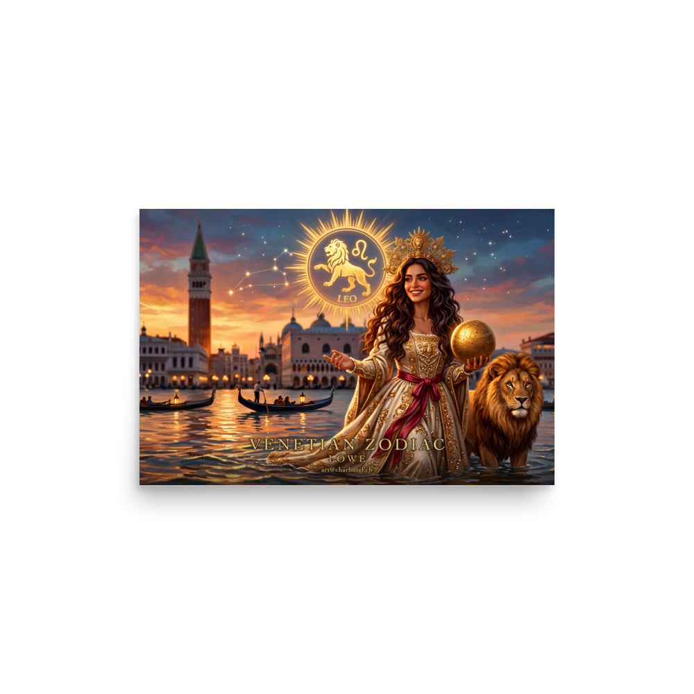 Sternzeichen Löwe Poster Querformat – venezianische Göttin mit goldenem Löwen im Venedig-Panorama, Venetian Zodiac