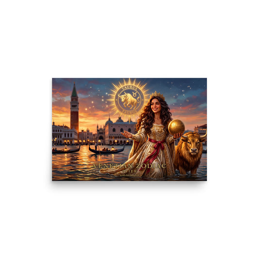 Sternzeichen Stier Poster Querformat – venezianische Göttin mit goldenem Stier im Venedig-Panorama, Venetian Zodiac