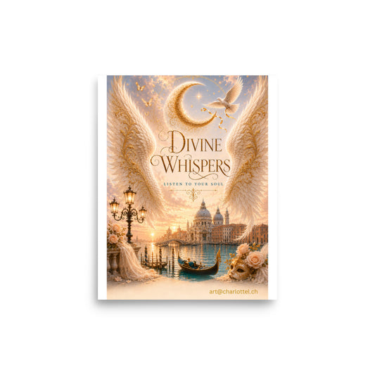 Spirituelles Poster Divine Whispers mit Venedig-Motiv, Engelsflügeln und Mondsichel von Medium Charlotte