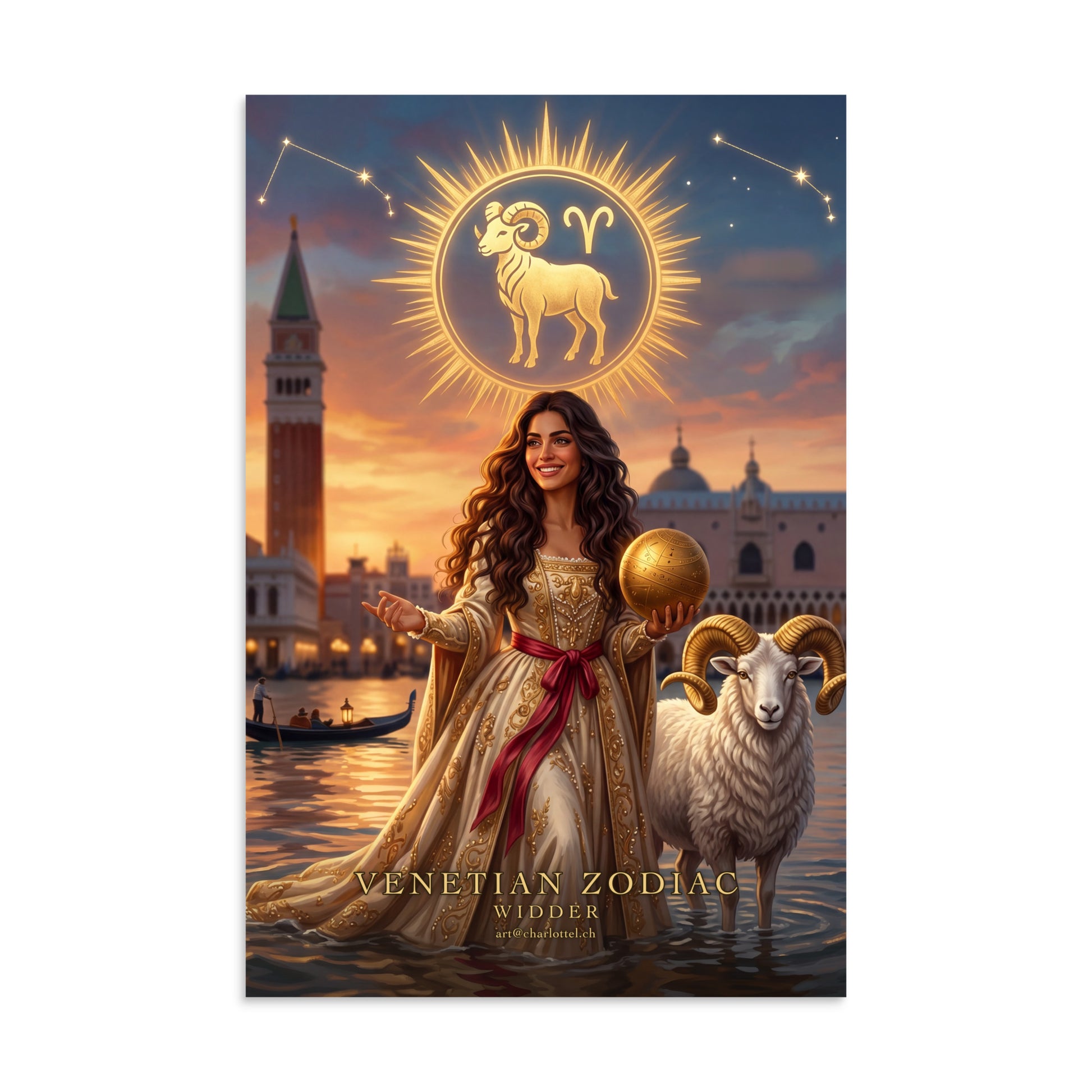 Sternzeichen Widder Poster – venezianische Göttin mit weißem Widder, Venetian Zodiac (8×12 Zoll)