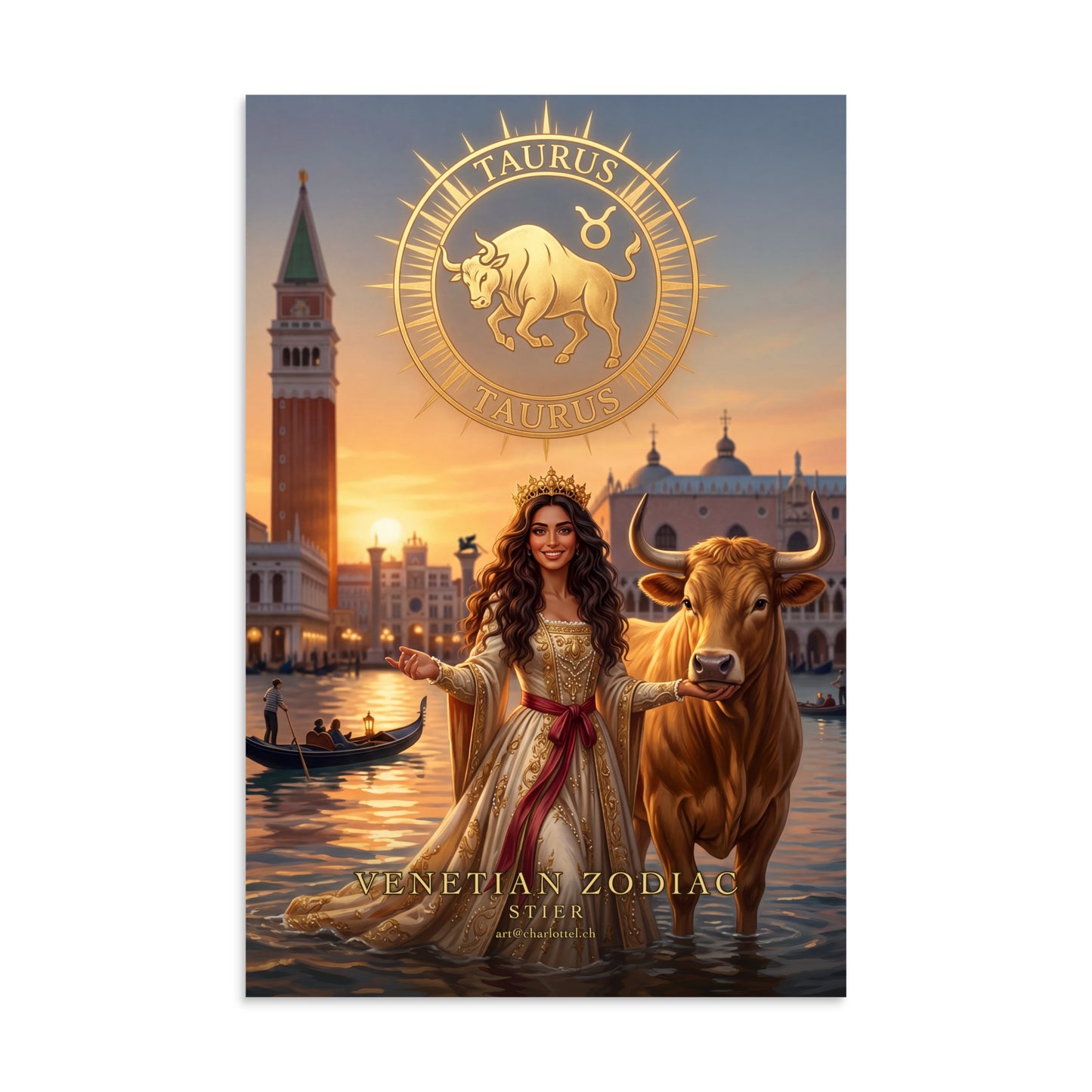 Sternzeichen Stier Poster – venezianische Göttin mit goldenem Stier, Venetian Zodiac (8×12 Zoll)