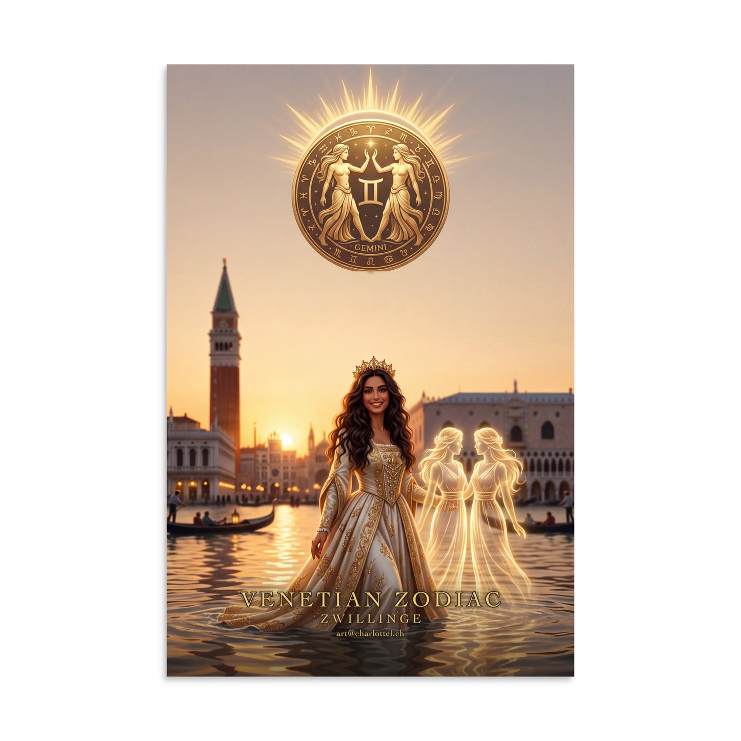 Sternzeichen Zwillinge Poster – venezianische Göttin mit Zwillingsschwestern, Venetian Zodiac (8×12 Zoll)
