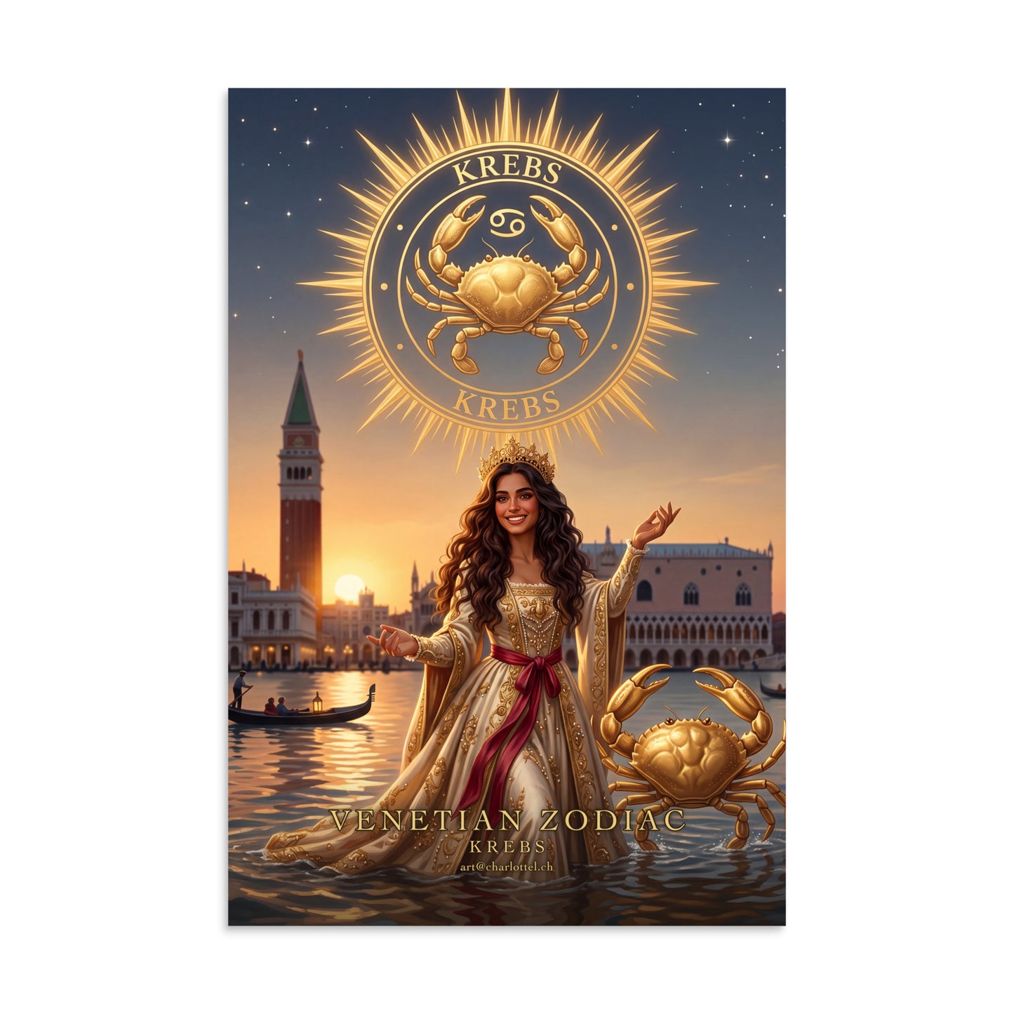 Sternzeichen Krebs Poster – venezianische Göttin mit goldenem Krebs, Venetian Zodiac (8×12 Zoll)
