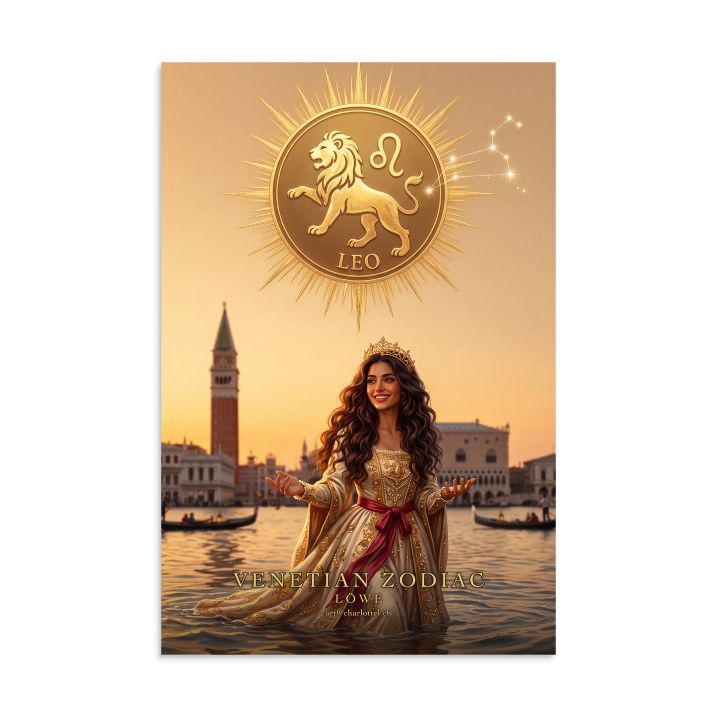 Sternzeichen Löwe Poster – venezianische Göttin mit Löwen-Emblem, Venetian Zodiac (8×12 Zoll)