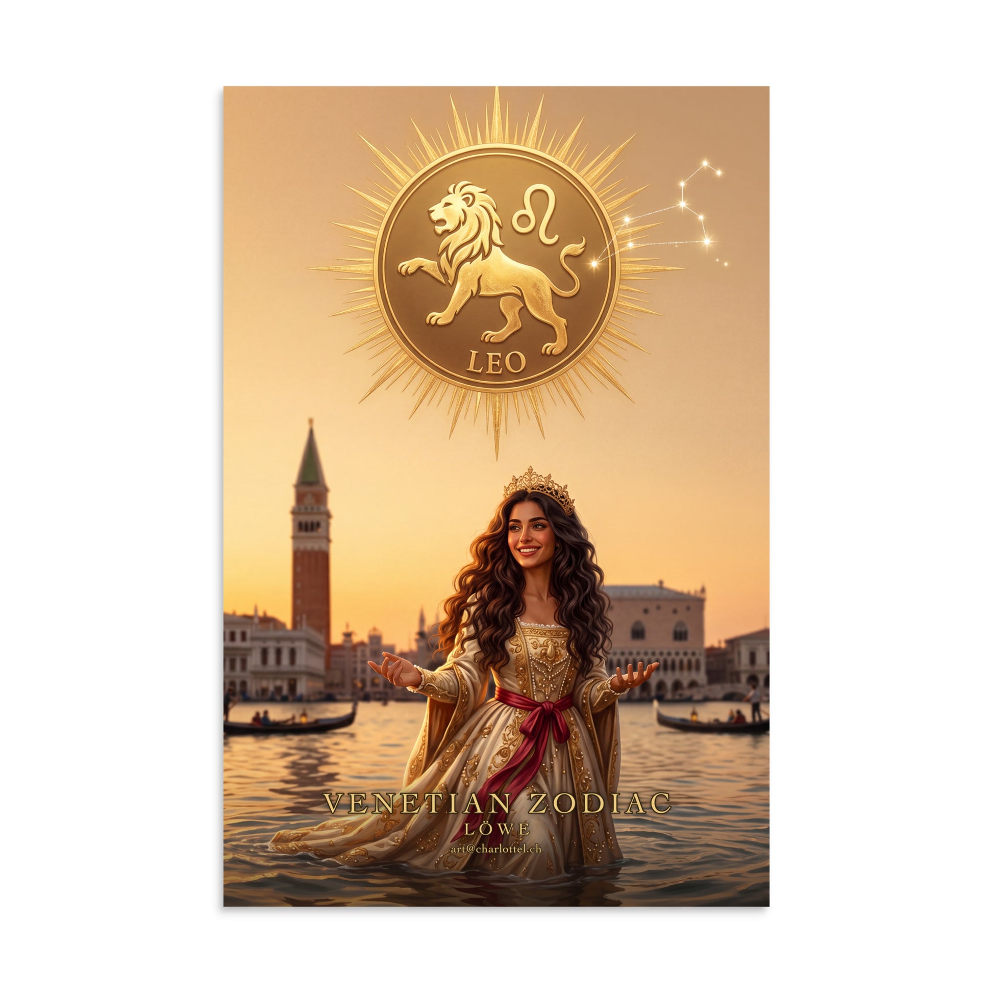 Sternzeichen Löwe Poster – venezianische Göttin mit Löwen-Emblem, Venetian Zodiac (8×12 Zoll)