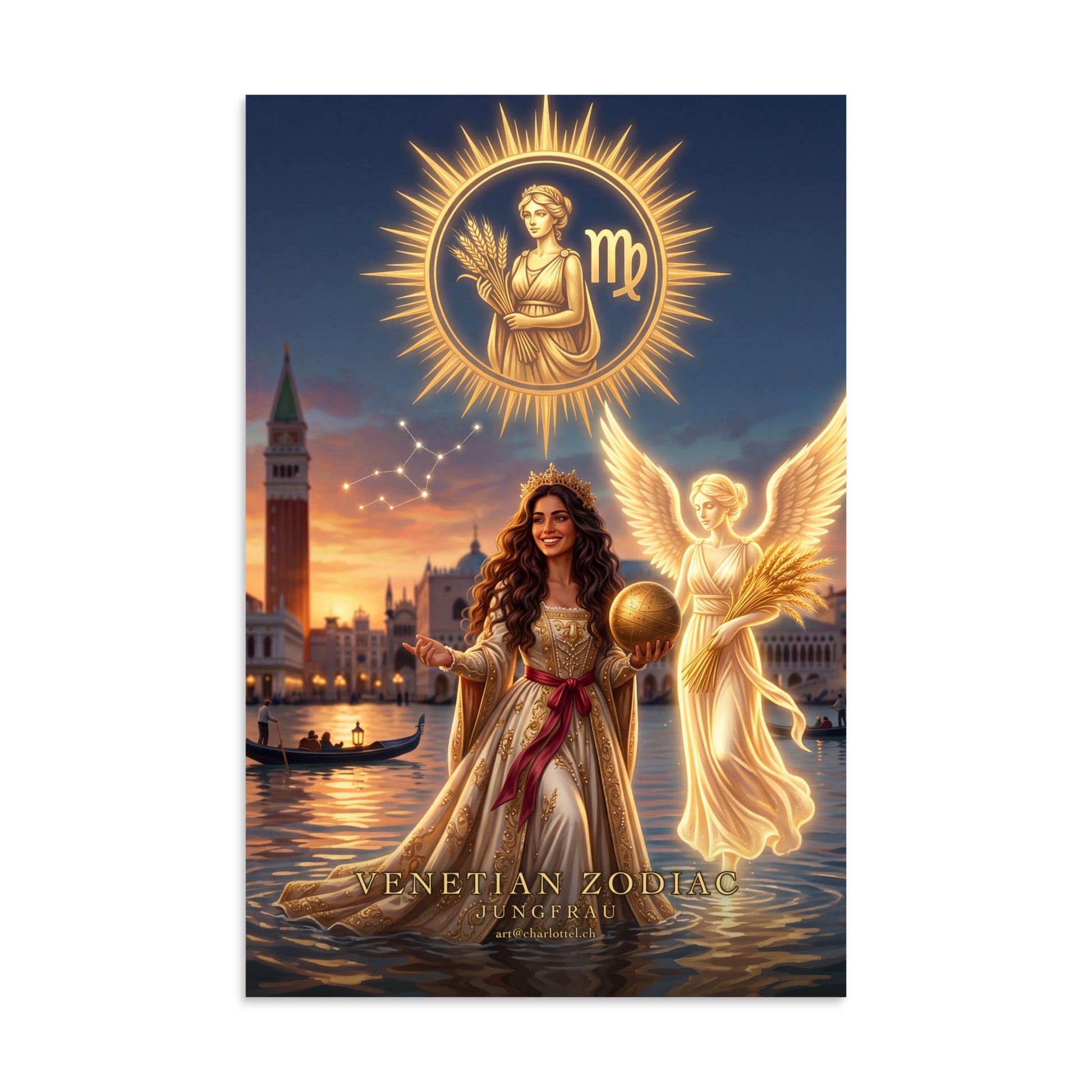 Sternzeichen Jungfrau Poster – venezianische Göttin mit Engel, Venetian Zodiac (8×12 Zoll)