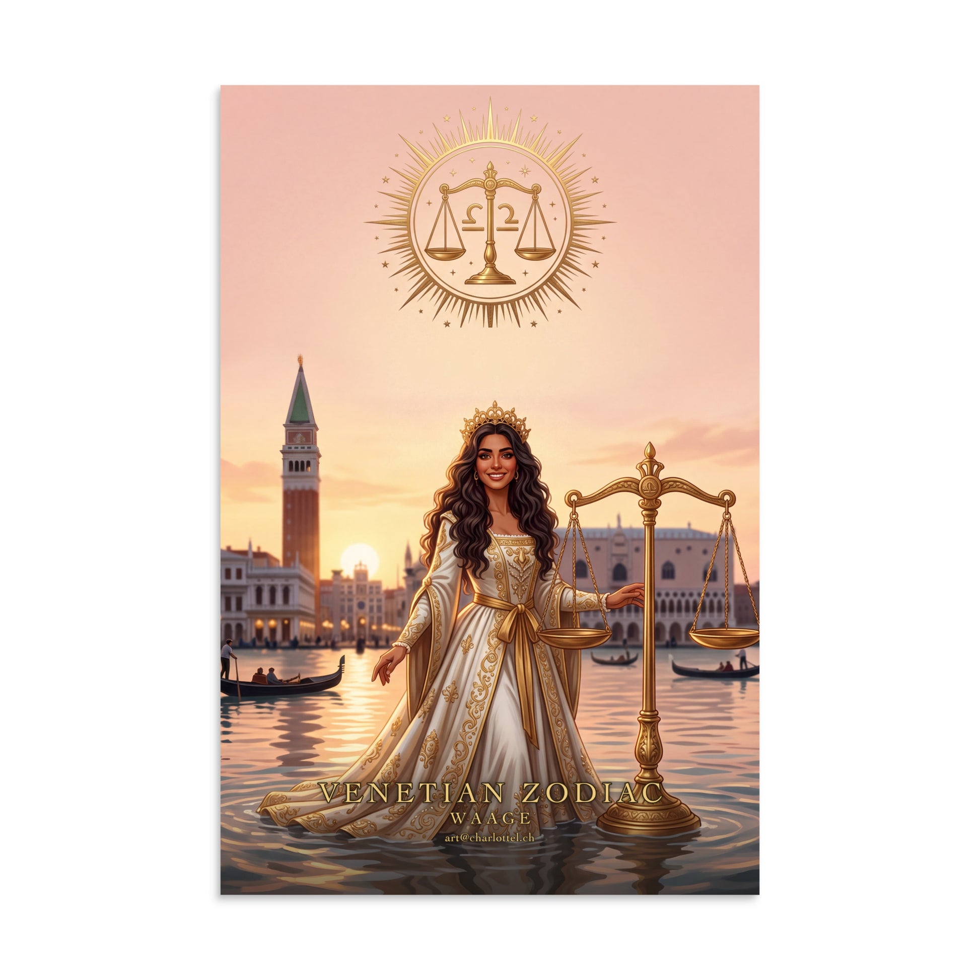 Sternzeichen Waage Poster – venezianische Göttin mit goldener Waage, Venetian Zodiac (8×12 Zoll)