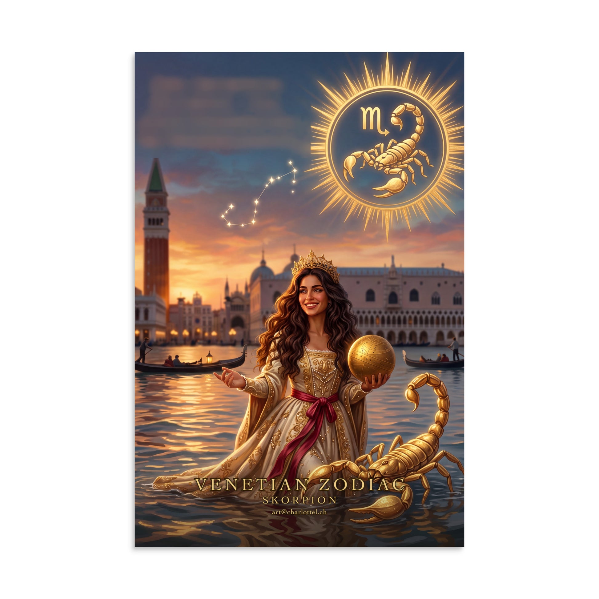 Sternzeichen Skorpion Poster – venezianische Göttin mit goldenem Skorpion, Venetian Zodiac (8×12 Zoll)