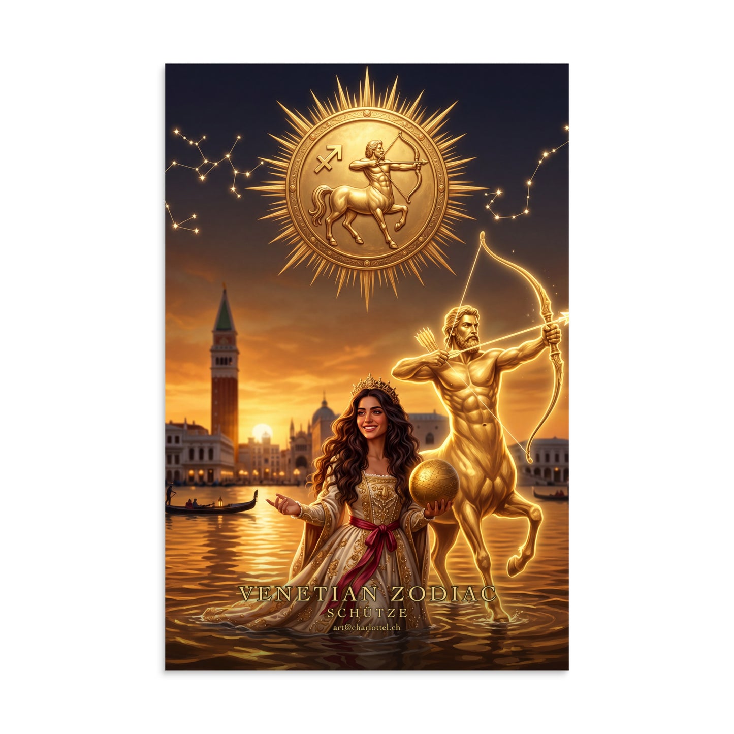 Sternzeichen Schütze Poster – venezianische Göttin mit Zentaur, Venetian Zodiac (8×12 Zoll)