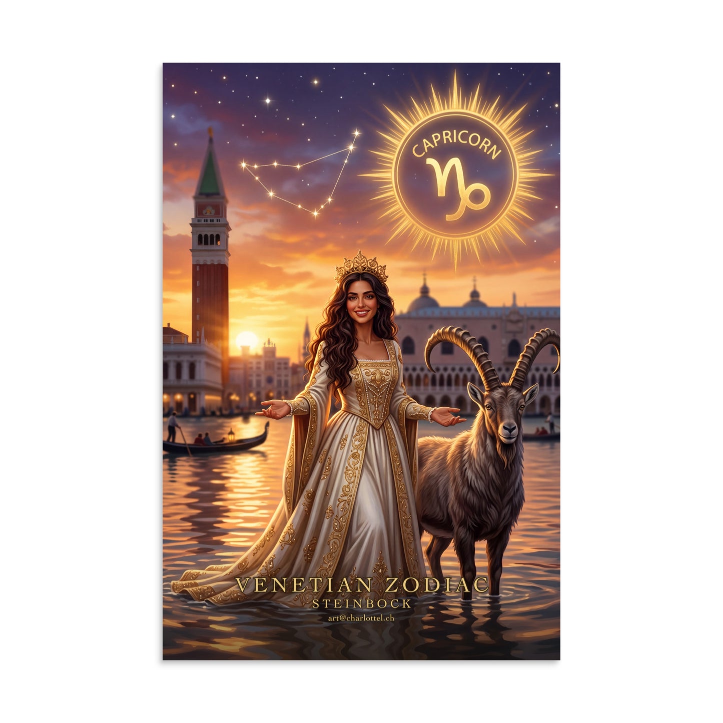 Sternzeichen Steinbock Poster – venezianische Göttin mit Steinbock, Venetian Zodiac (8×12 Zoll)