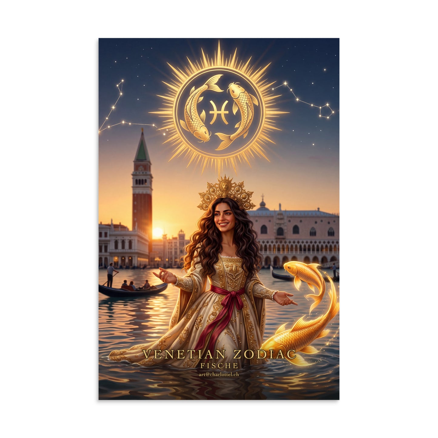 Sternzeichen Fische Poster – venezianische Göttin mit goldenen Kois, Venetian Zodiac (8×12 Zoll)