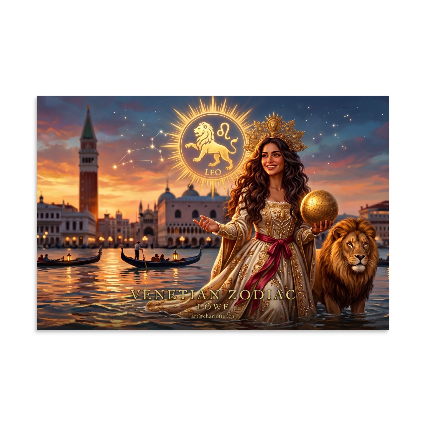 Sternzeichen Löwe Poster Querformat – Göttin mit goldenem Löwen, Venetian Zodiac (8×12 Zoll)