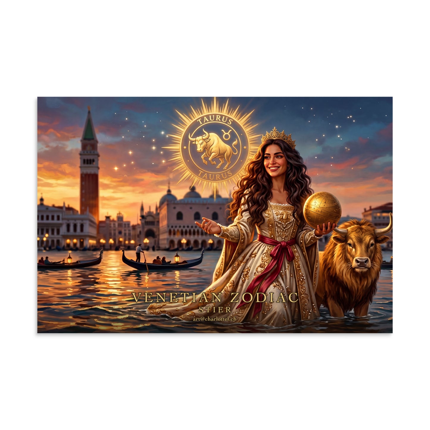 Sternzeichen Stier Poster Querformat – Göttin mit goldenem Stier, Venetian Zodiac (8×12 Zoll)