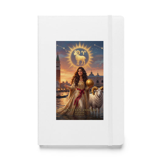 Sternzeichen Widder Journal – venezianische Göttin mit weißem Widder auf weißem Hardcover-Notizbuch, Venetian Zodiac