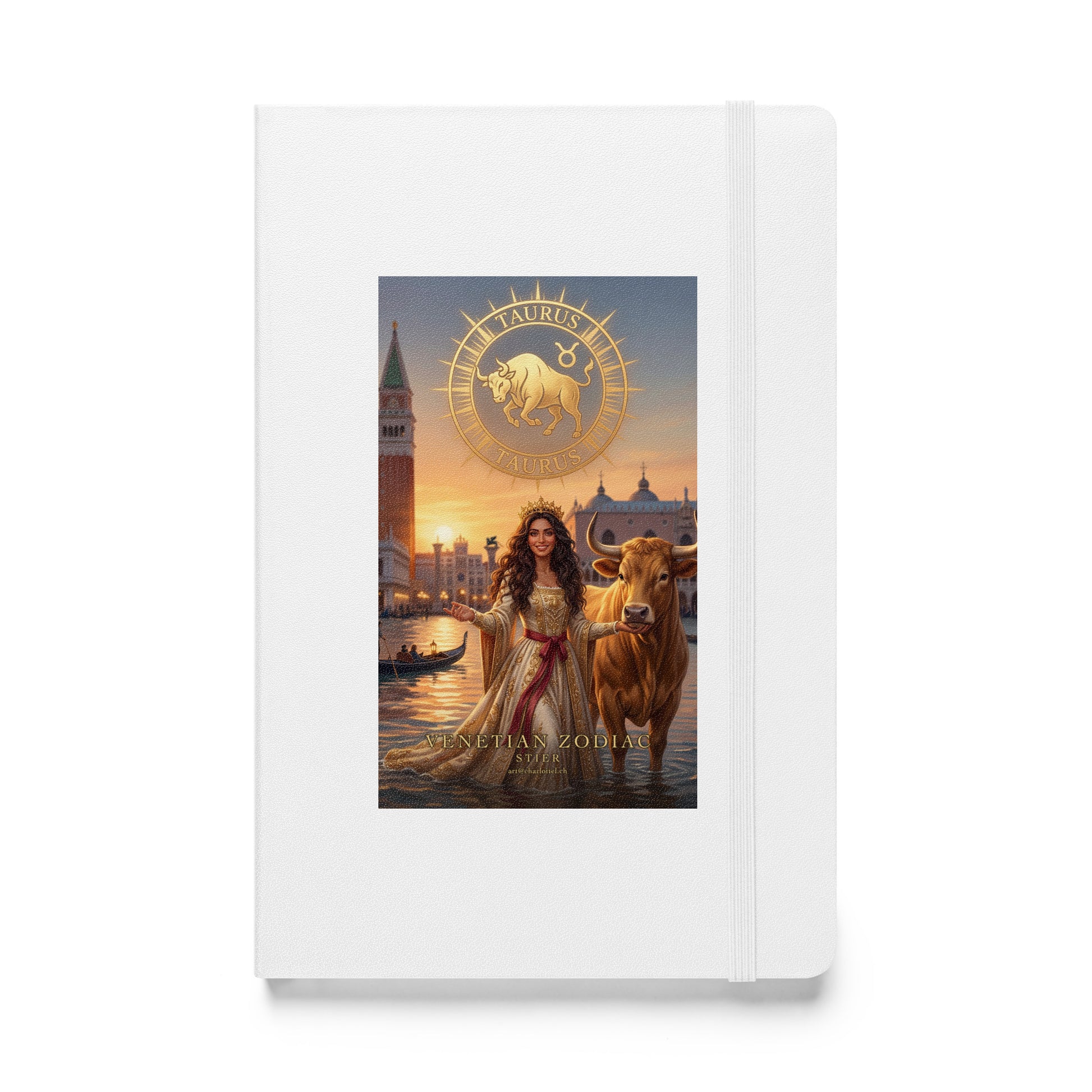 Sternzeichen Stier Journal – venezianische Göttin mit goldenem Stier auf weißem Hardcover-Notizbuch, Venetian Zodiac