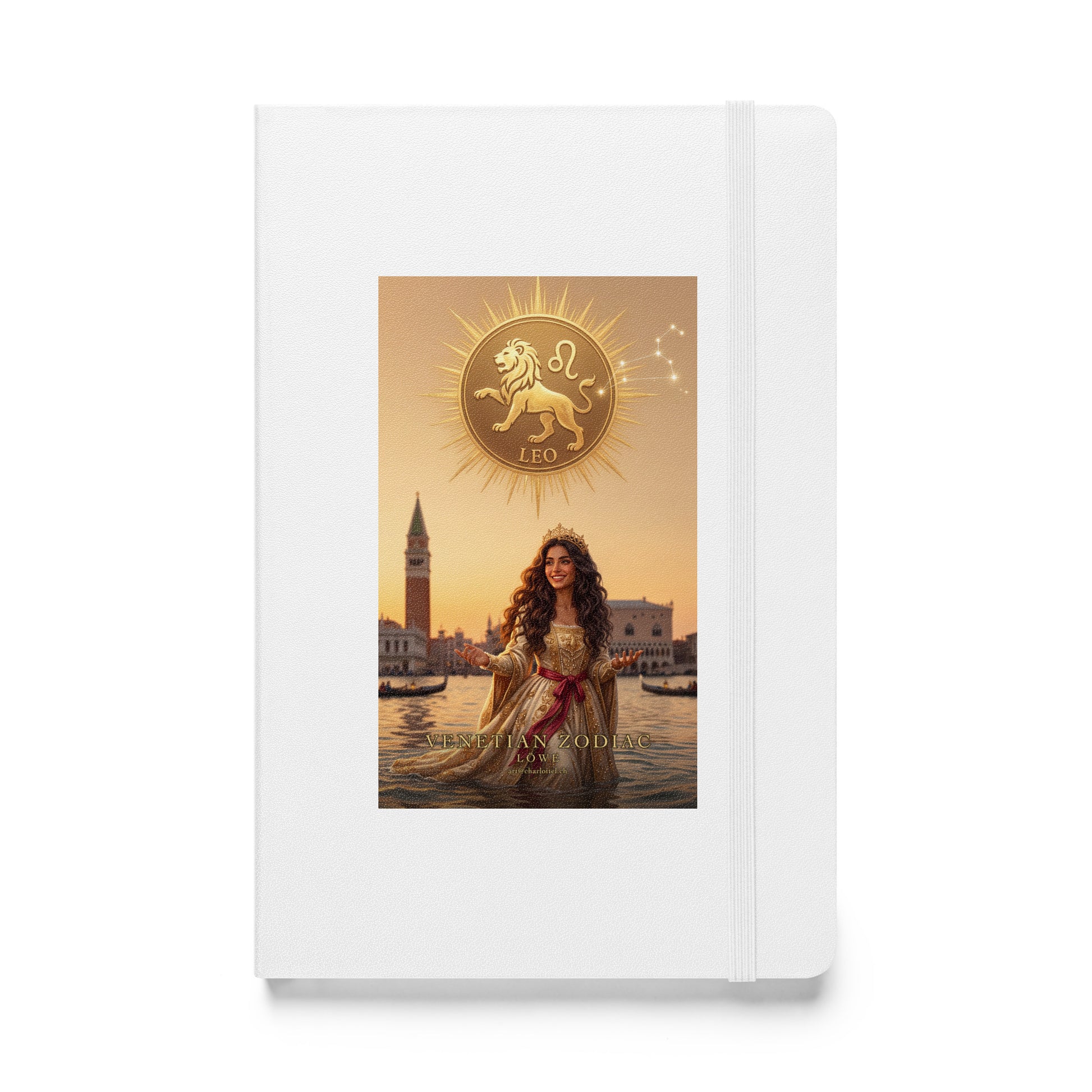 Sternzeichen Löwe Journal – venezianische Göttin mit goldenem Löwen auf weißem Hardcover-Notizbuch, Venetian Zodiac