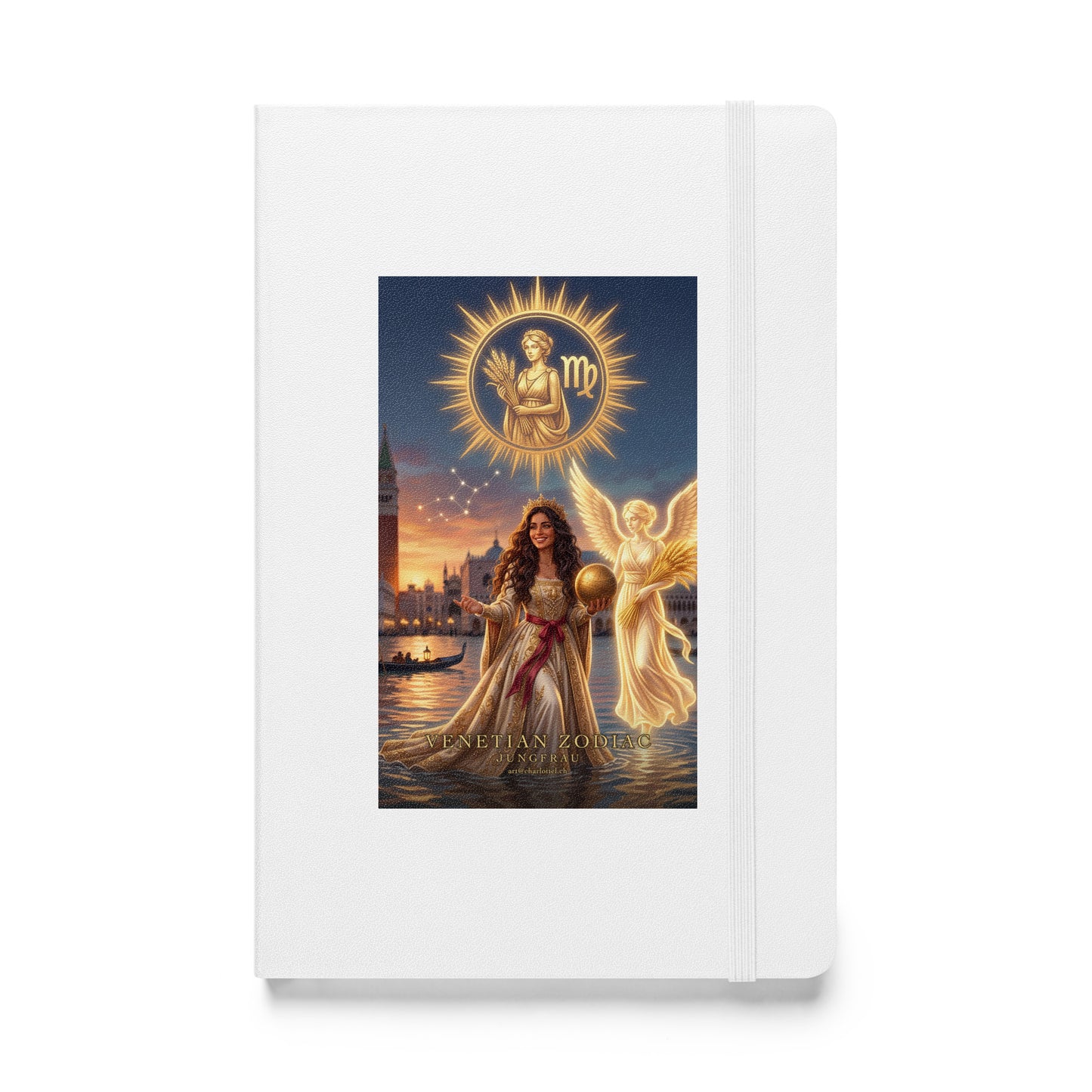 Sternzeichen Jungfrau Journal – venezianische Göttin mit lichtem Engel auf weißem Hardcover-Notizbuch, Venetian Zodiac