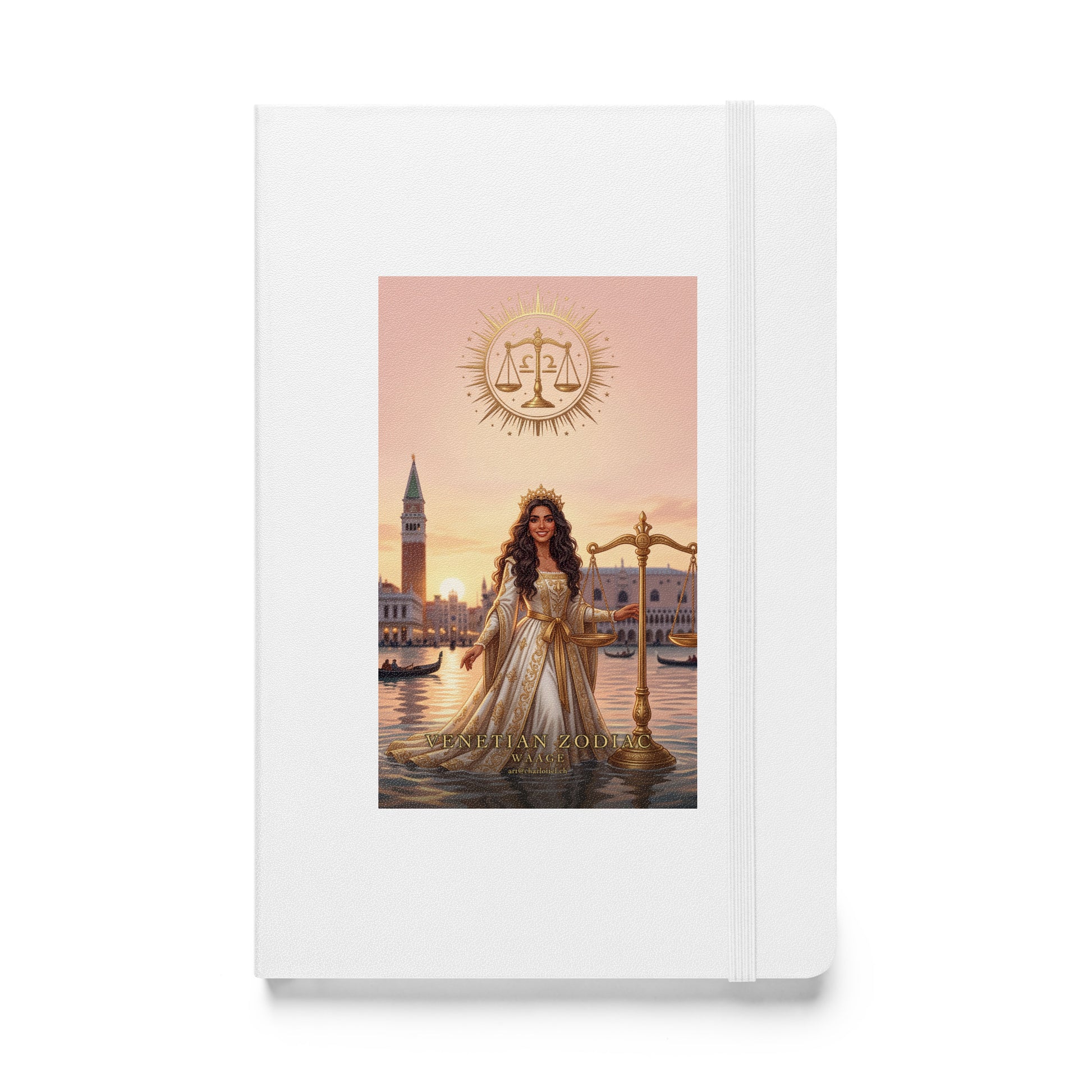 Sternzeichen Waage Journal – venezianische Göttin mit goldener Waage auf weißem Hardcover-Notizbuch, Venetian Zodiac