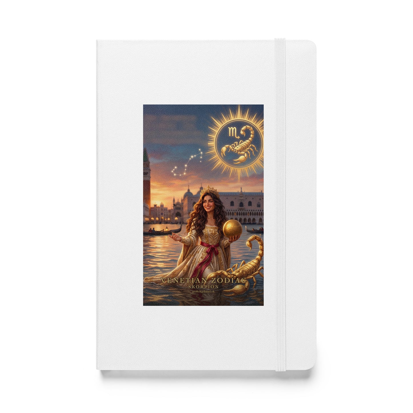 Sternzeichen Skorpion Journal – venezianische Göttin mit goldenem Skorpion auf weißem Hardcover-Notizbuch, Venetian Zodiac