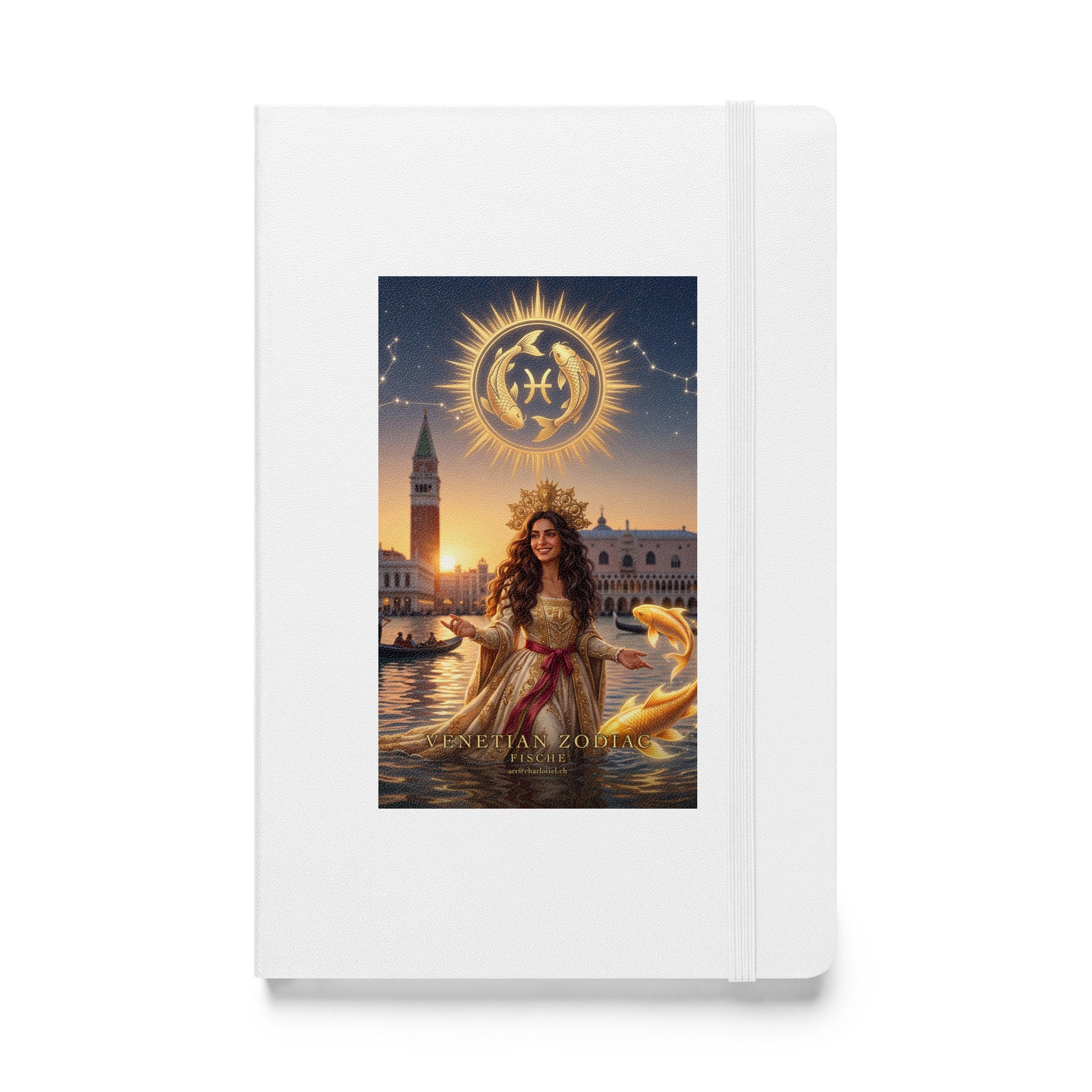 Sternzeichen Fische Journal – venezianische Göttin mit goldenen Kois auf weißem Hardcover-Notizbuch, Venetian Zodiac