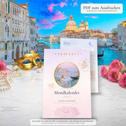 Mondkalender 2027 zum Ausdrucken von Medium Charlotte: Titelseite und Januar auf einem Marmortisch vor der Lagune von Venedig, mit goldener Maske, Perlen und Rosen
