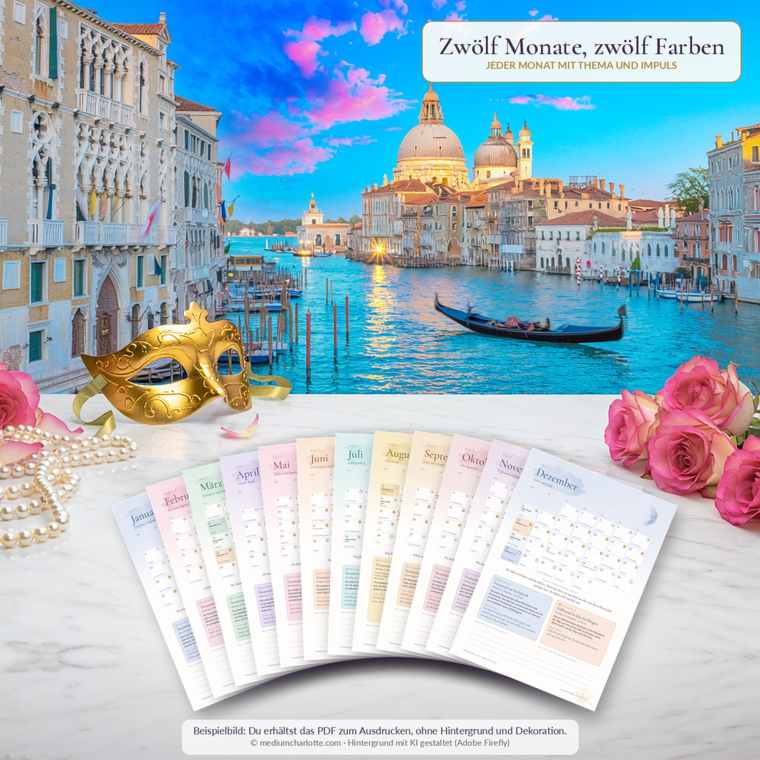 Die zwölf Monatsseiten des Mondkalenders 2027 als Fächer, jeder Monat in seiner Jahreszeiten-Farbe, vor Santa Maria della Salute in Venedig