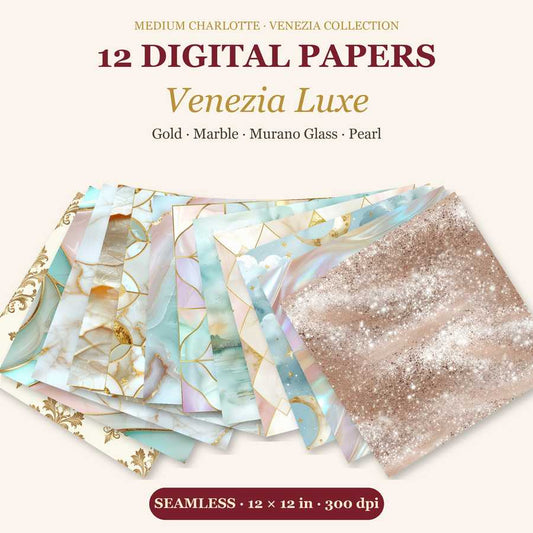 Venezia Luxe Digital Paper – 12 Seamless Papers: Gold, Marble, Murano Glass & Pearl