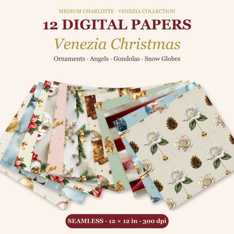 Venezia Christmas Digital Paper – 12 Seamless Christmas Papers: Ornaments, Angels, Gondolas