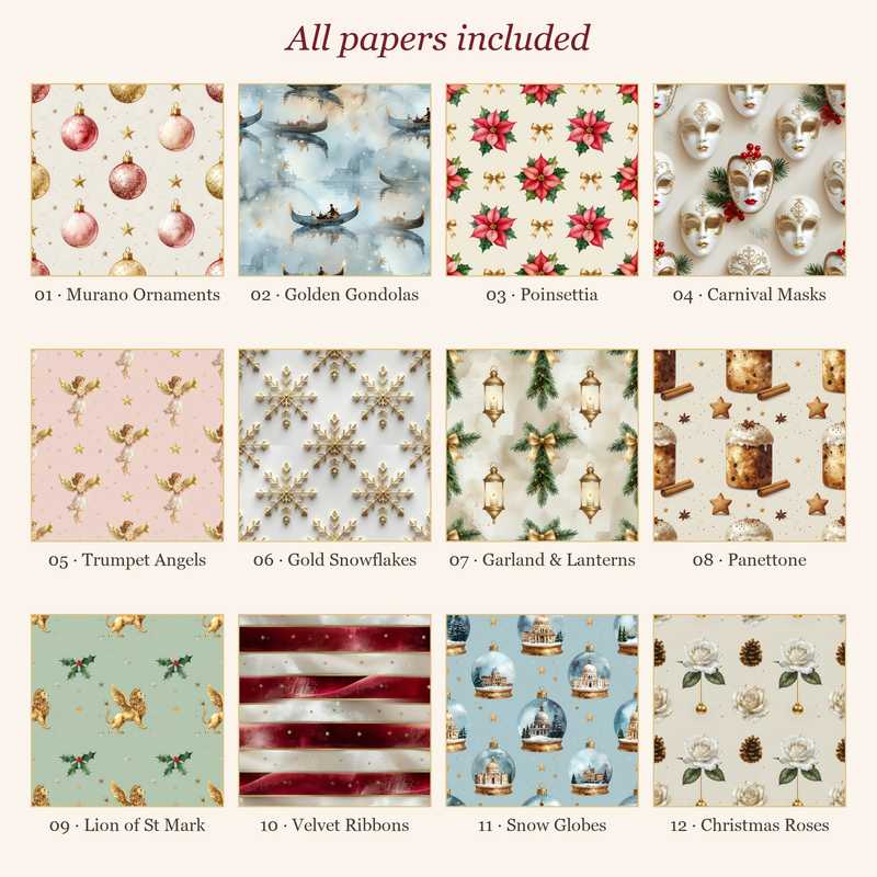 Venezia Christmas Digital Paper – 12 Seamless Christmas Papers: Ornaments, Angels, Gondolas
