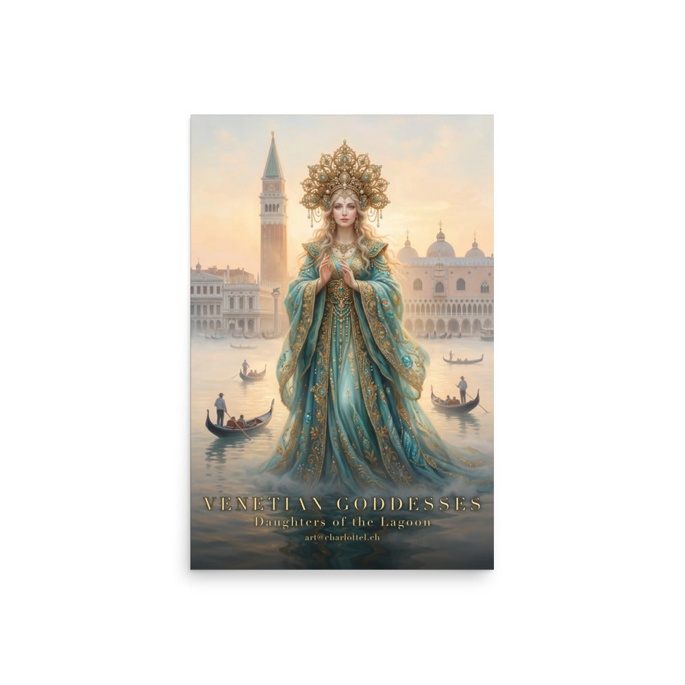 Goldhaarige venezianische Göttin an einer goldenen Lagune – Luster-Poster von Medium Charlotte (Ansicht 2)