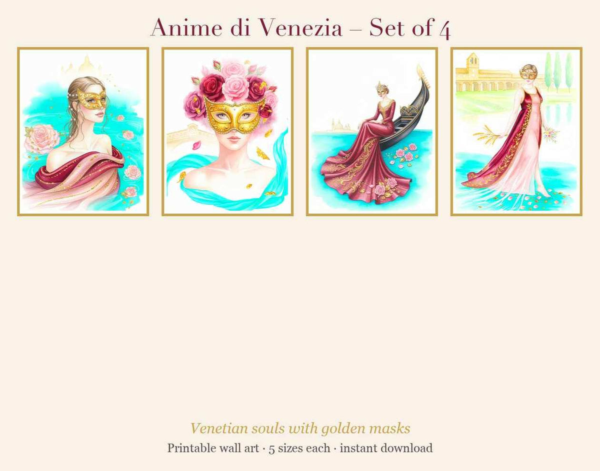 Anime di Venezia – Set of 4 Venetian Wall Art Prints with Golden Masks (Printable)