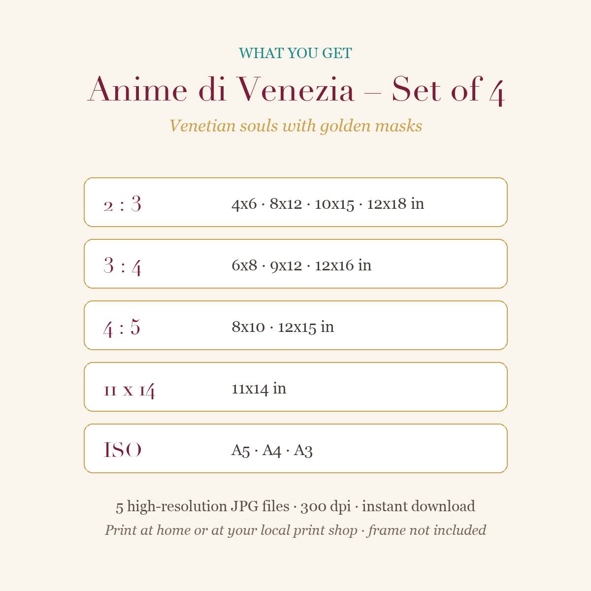 Anime di Venezia – Set of 4 Venetian Wall Art Prints with Golden Masks (Printable)