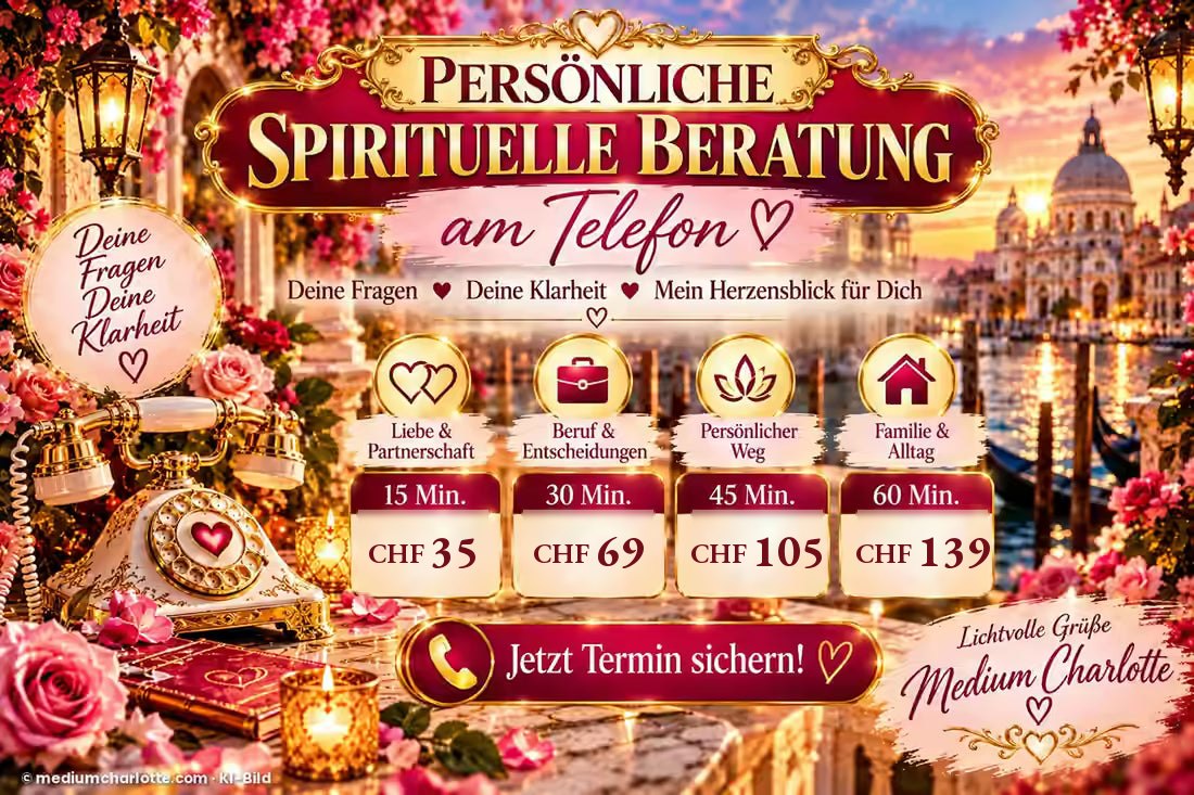 Persönliche spirituelle Beratung am Telefon mit Medium Charlotte – Kartenlegen am Telefon: 15 Min. CHF 35, 30 Min. CHF 69, 45 Min. CHF 105, 60 Min. CHF 139 (KI-generiertes Bild)