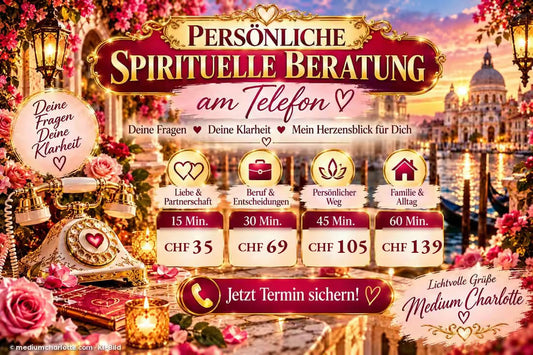 Persönliche spirituelle Beratung am Telefon mit Medium Charlotte – Kartenlegen am Telefon: 15 Min. CHF 35, 30 Min. CHF 69, 45 Min. CHF 105, 60 Min. CHF 139 (KI-generiertes Bild)
