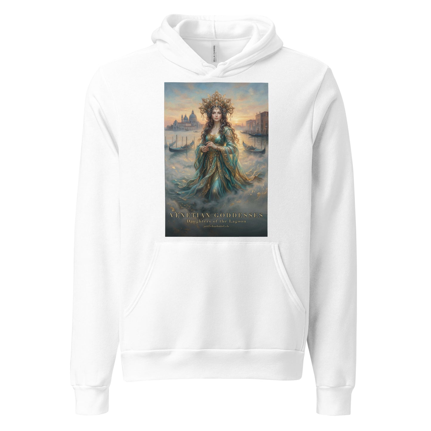Dunkelhaarige venezianische Lagunen-Göttin auf einem weißen Hoodie – Medium Charlotte