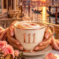 Stimmungsbild Collezione Venezia: Frauenhände halten eine Cappuccino-Tasse mit der Engelszahl 111, dazu Rosen und ein goldener Kompass vor dem Canal Grande im Abendlicht (KI-gestütztes Motiv von Charlotte L.)