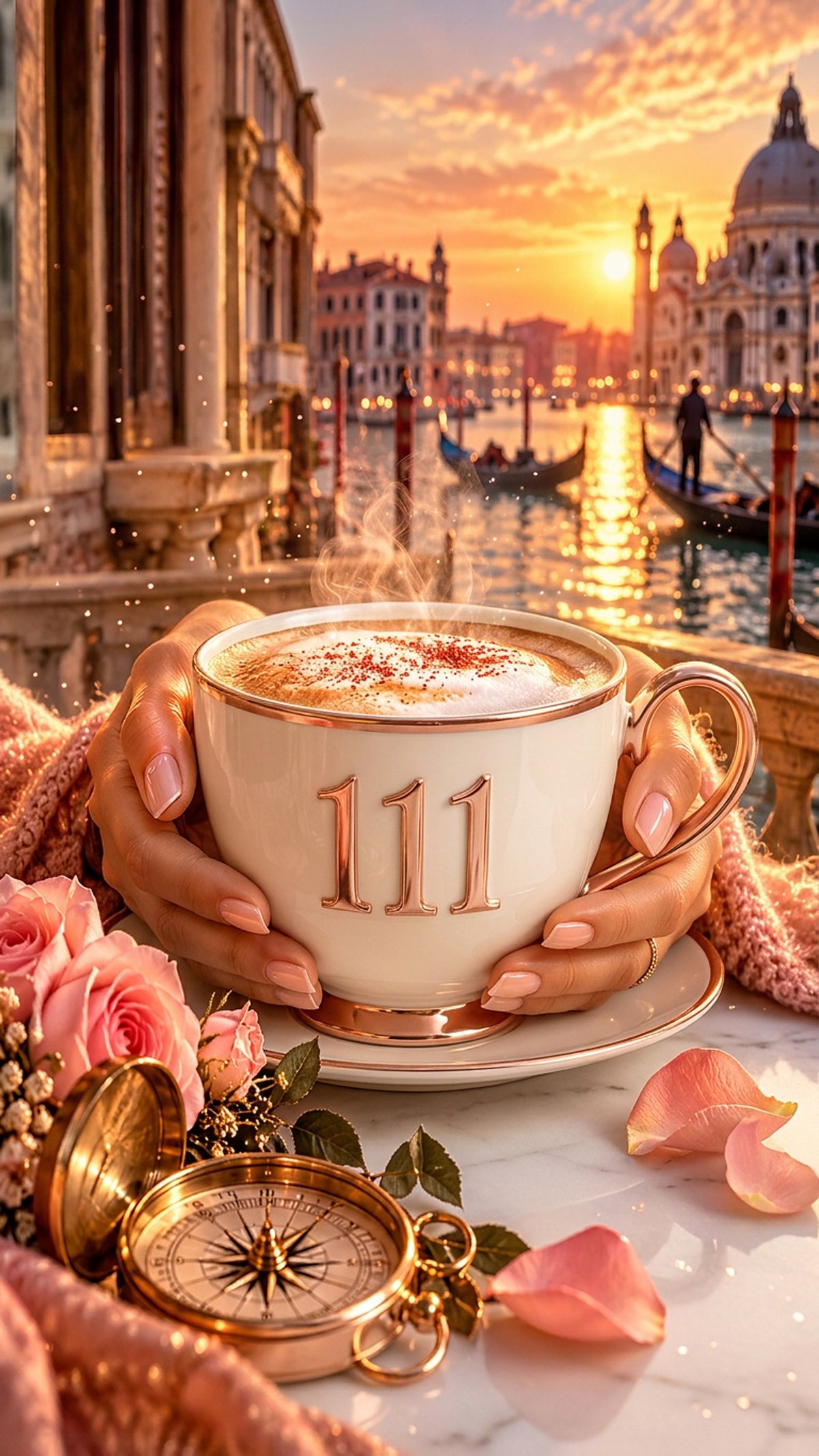 Stimmungsbild Collezione Venezia: Frauenhände halten eine Cappuccino-Tasse mit der Engelszahl 111, dazu Rosen und ein goldener Kompass vor dem Canal Grande im Abendlicht (KI-gestütztes Motiv von Charlotte L.)
