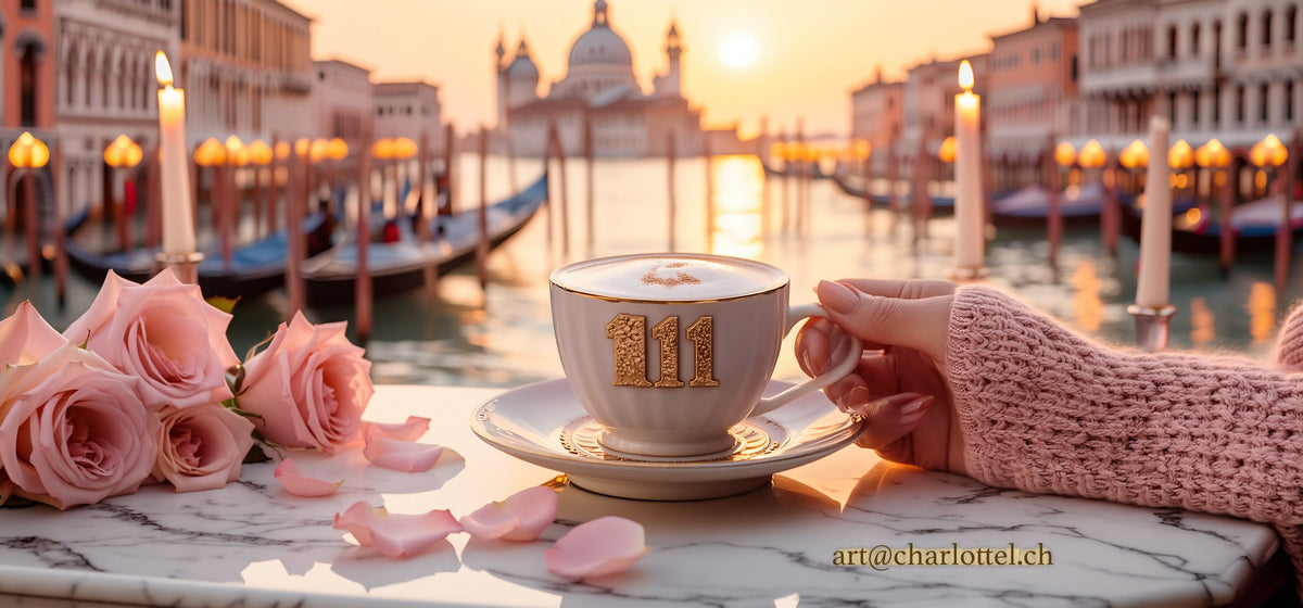 Das ganze Motiv der Venedig-Tasse «111»: Cappuccino mit Engelszahl 111, rosa Rosen und Frauenhand im Strickpullover vor dem Canal Grande – Collezione Venezia by CharlotteL (KI-gestütztes Motiv)