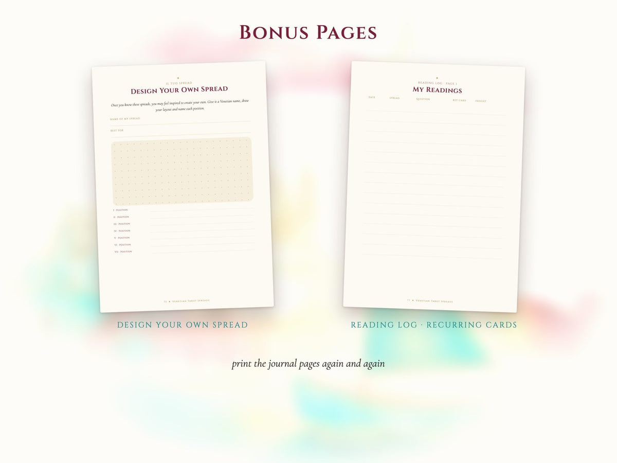 Bonus pages: design your own tarot spread and reading log