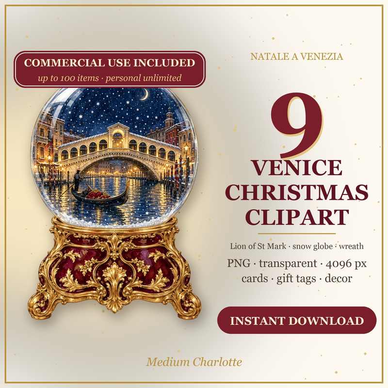 Venice Christmas Clipart – Lion of St Mark, Snow Globe & Wreath – 9 Transparent PNG