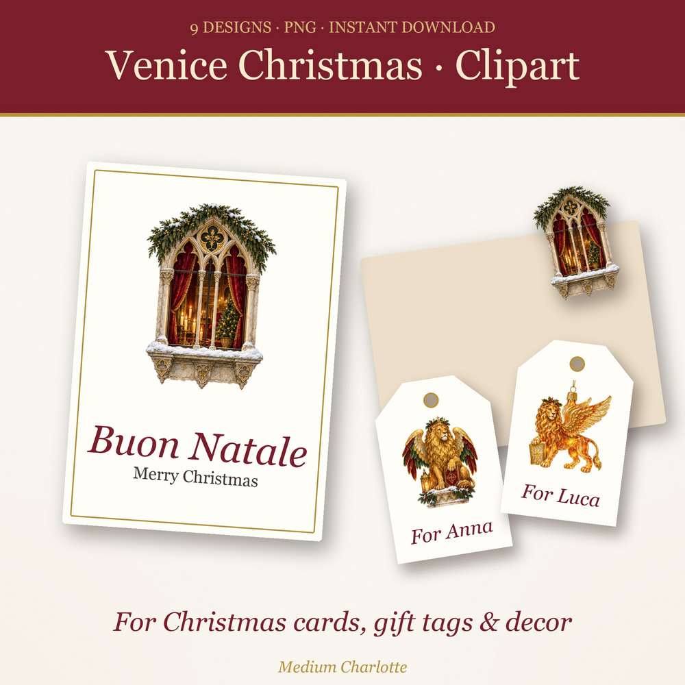 Venice Christmas Clipart – Lion of St Mark, Snow Globe & Wreath – 9 Transparent PNG