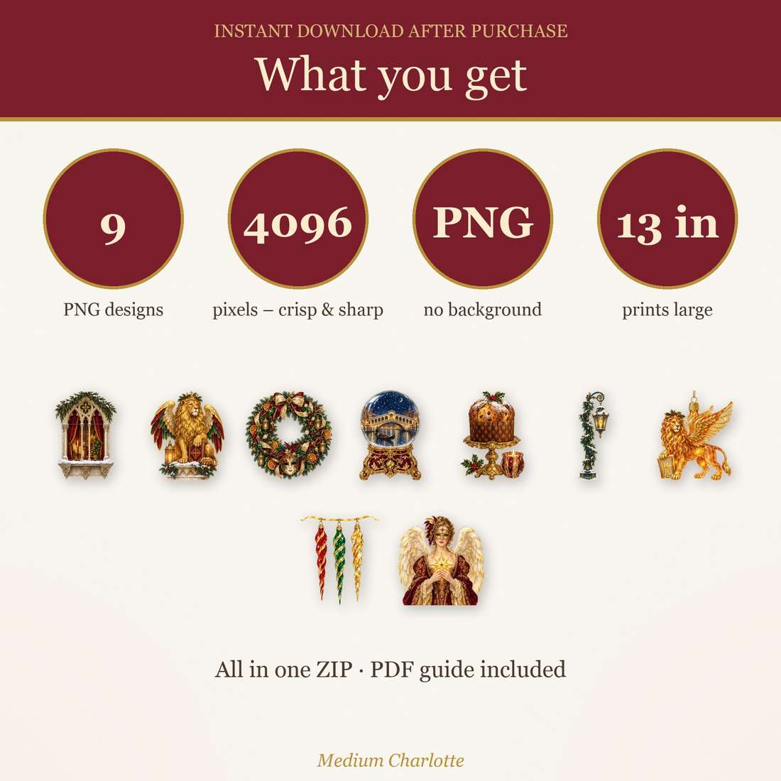 Venice Christmas Clipart – Lion of St Mark, Snow Globe & Wreath – 9 Transparent PNG