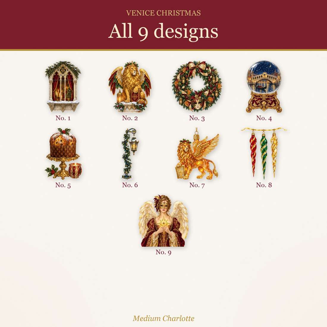 Venice Christmas Clipart – Lion of St Mark, Snow Globe & Wreath – 9 Transparent PNG